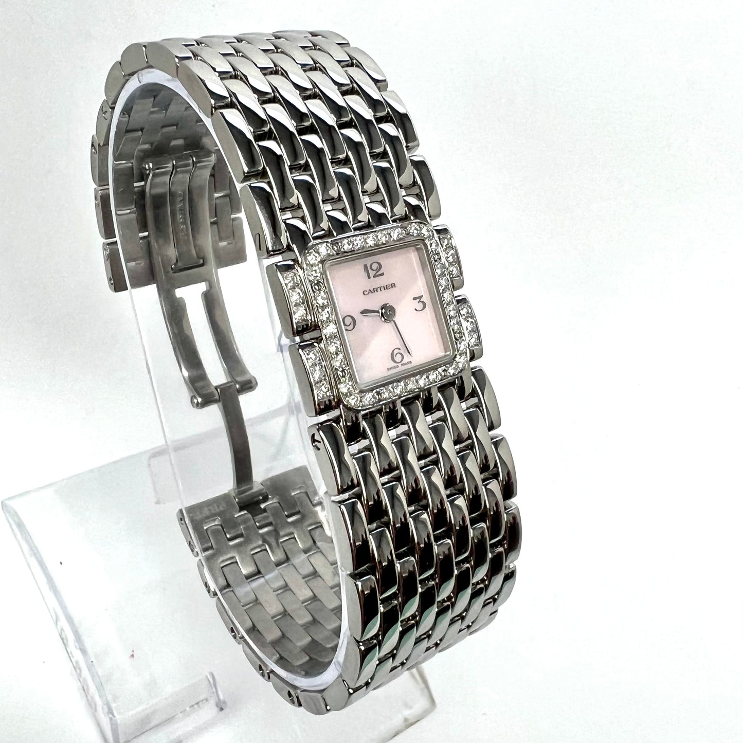 CARTIER RUBAN Quartz Steel 0.50TCW Diamond Watch Pink MOP Dial