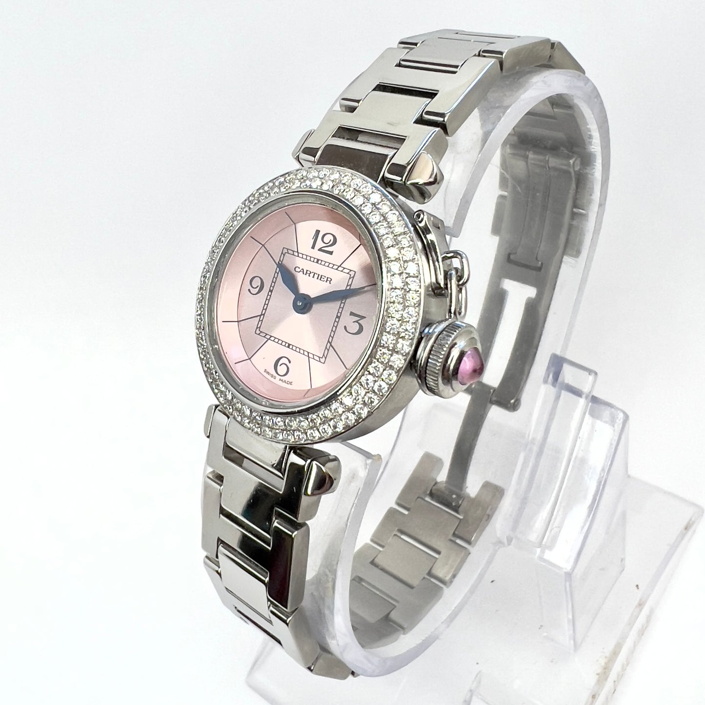 CARTIER PASHA Quartz 27mm Steel 0.73TCW DIAMOND Watch Pink Dial