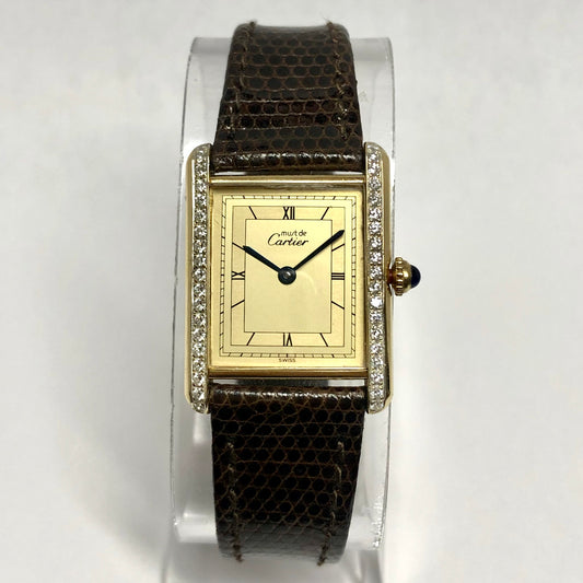 CARTIER TANK Quartz 24mm Gold-Plated Silver 0.46TCW Diamond Watch