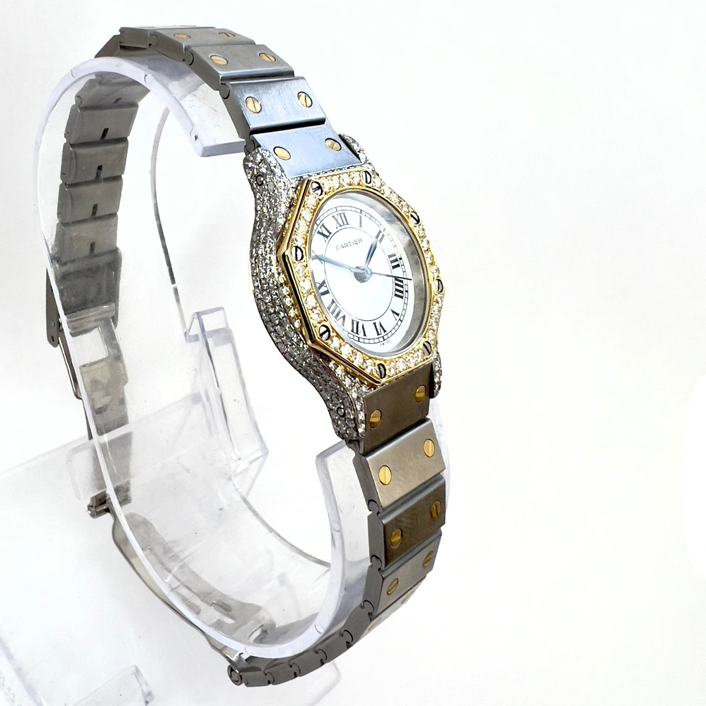 CARTIER SANTOS OCTAGON 25mm Automatic 2 Tone 1.5TCW DIAMOND Watch 