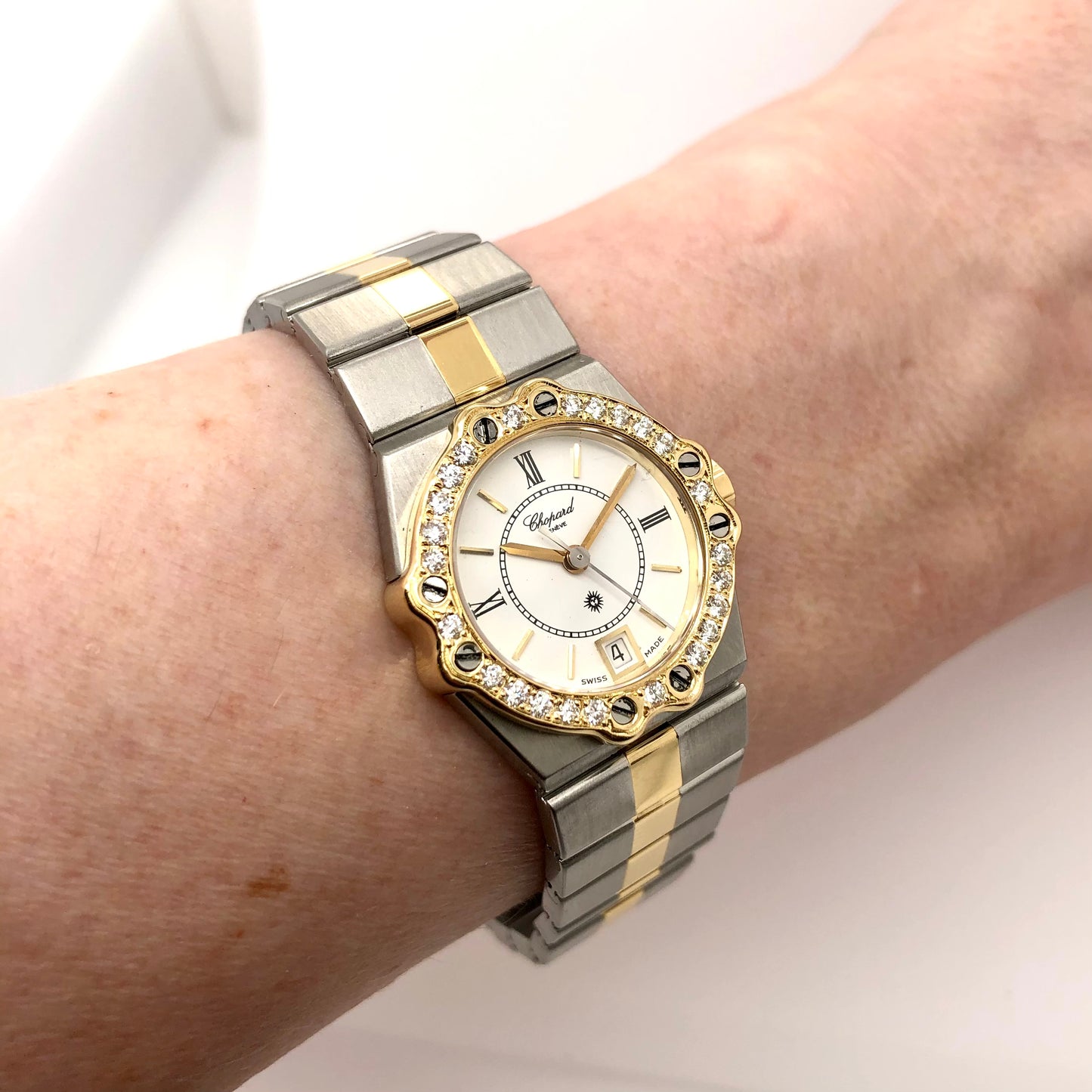 CHOPARD ST. MORITZ Quartz 24mm 18K Yellow Gold & Steel Watch 1.02TCW DIAMOND Bezel