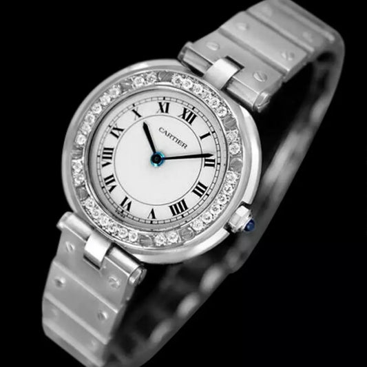 CARTIER SANTOS RONDE 32mm Quartz Steel ~0.38TCW DIAMOND Watch 