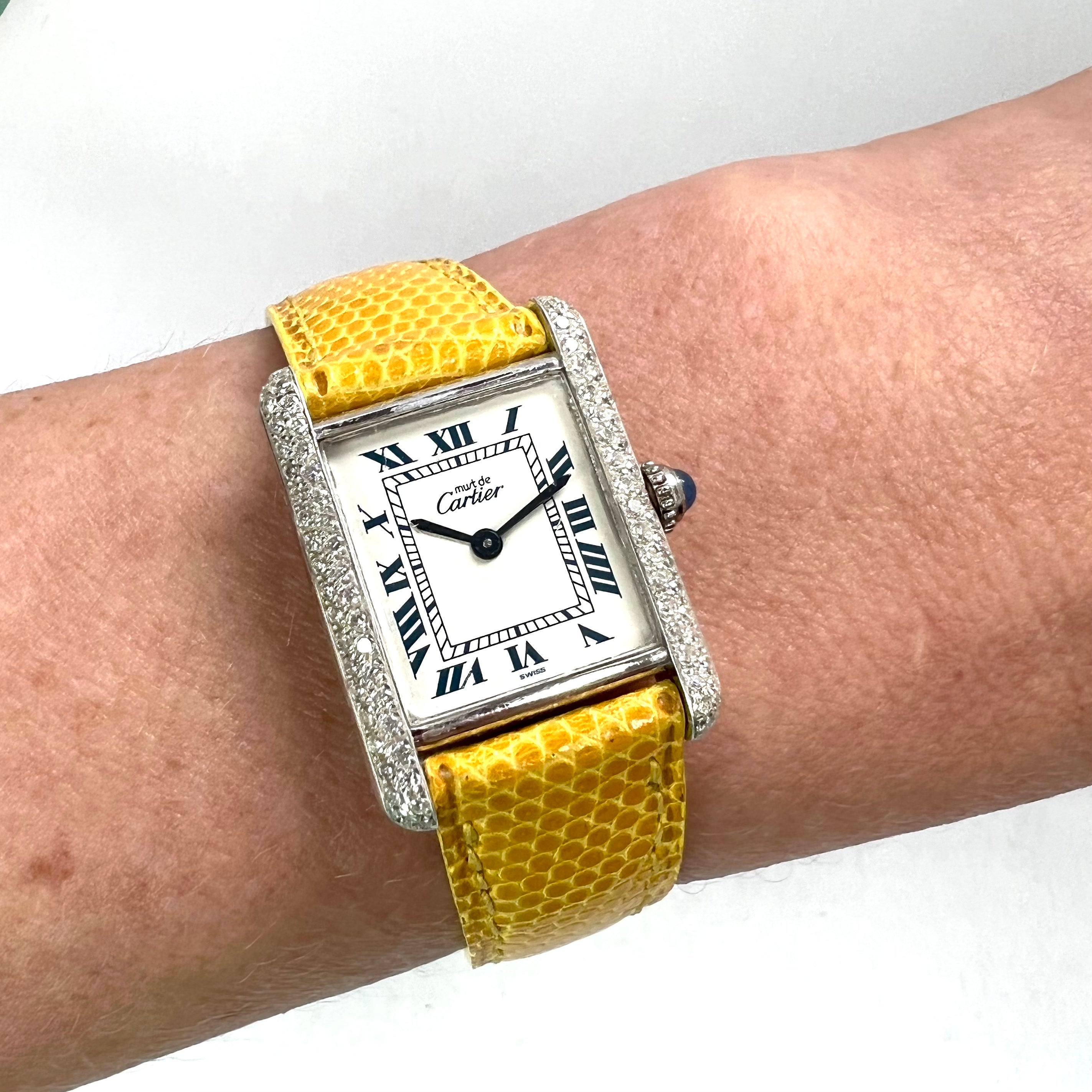 Must de CARTIER TANK 20mm Silver Watch 0.5TCW Diamonds NATILUXIA