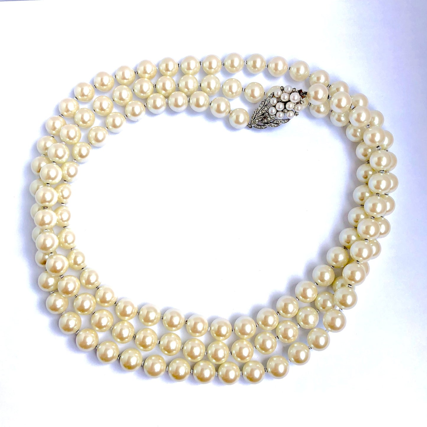 Champagne Faux PEARLS NECKLACE 27” Long Silver Detail Crystals