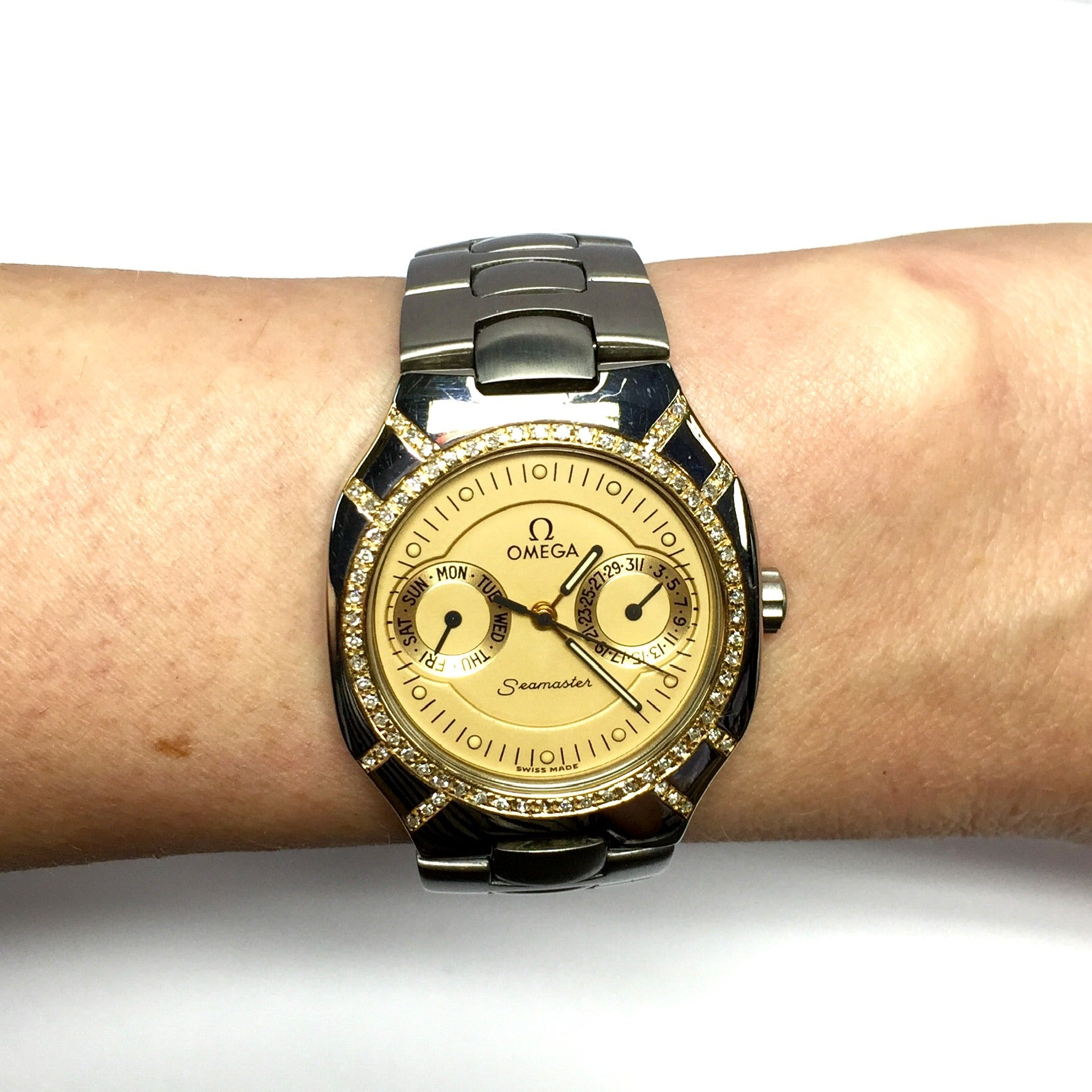 Wrist Omega Seamaster Polaris Day Date Womens Gold And Stainless