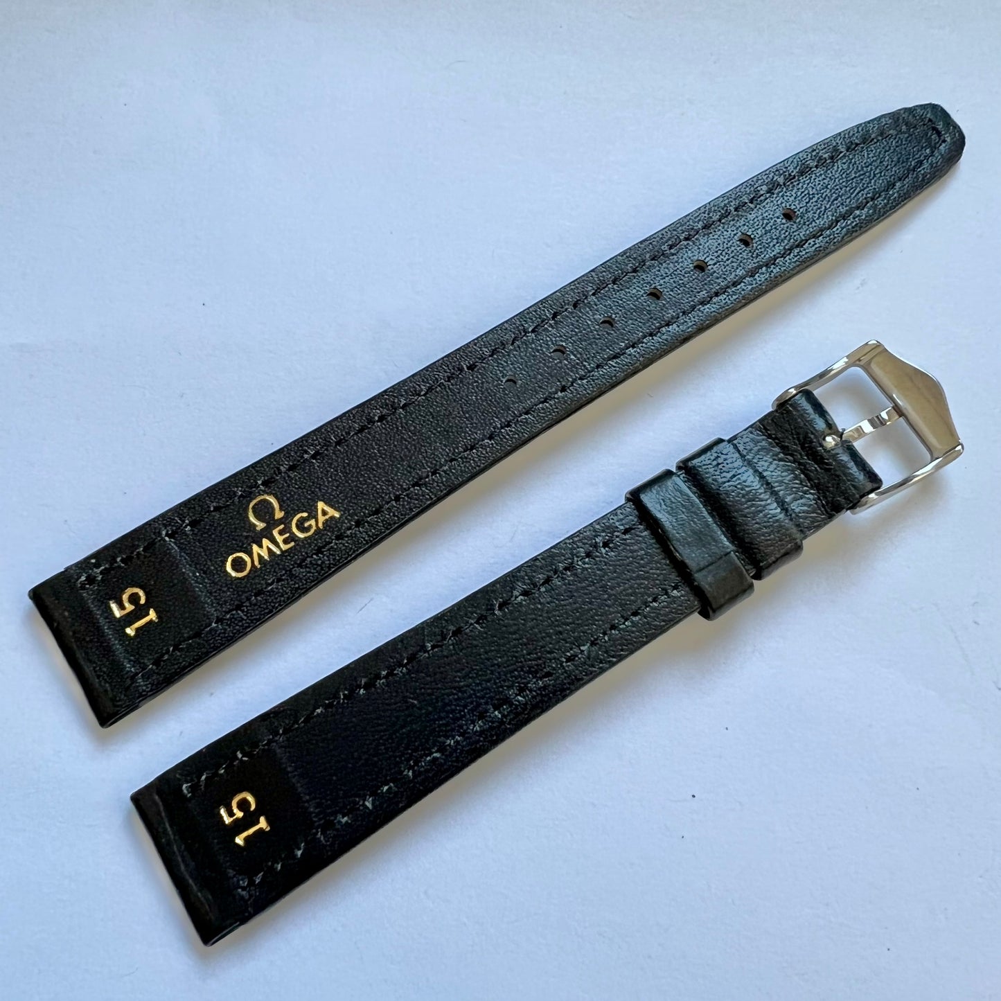 New OMEGA 15/12mm Black Genuine Leather Strap Band + Silver Tone Buckle